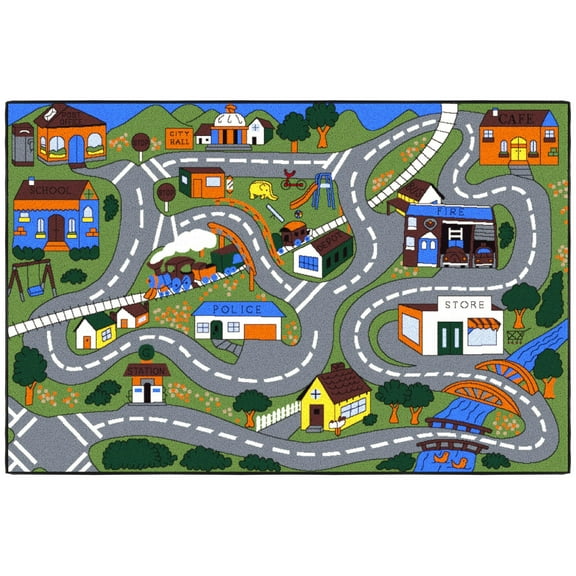Ottomanson Children Car Road Map 3x5 Washable Non-Slip Area Rug for Kids Playroom, 3'3" x 4'7", Green/Multicolor