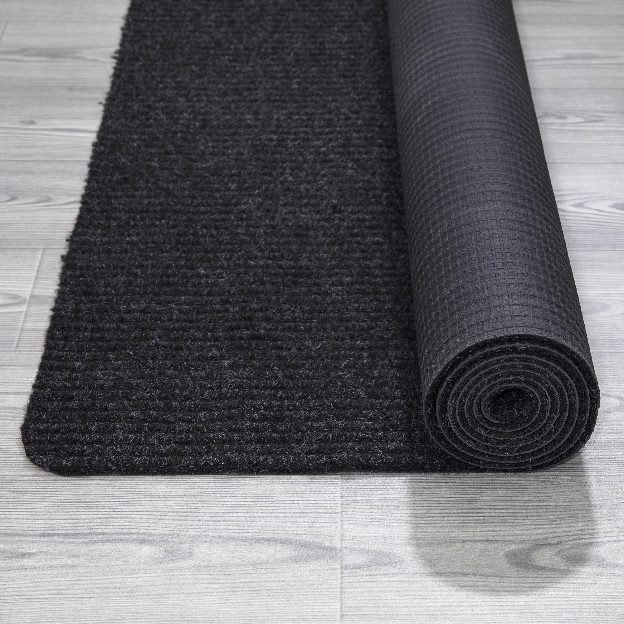 Ottomanson Scrabe Rib Waterproof Non-Slip Rubber Back Solid 2 x 10 Runner Rug, 2 ft. W x 10 ft. L, Black, Polypropylene Flooring