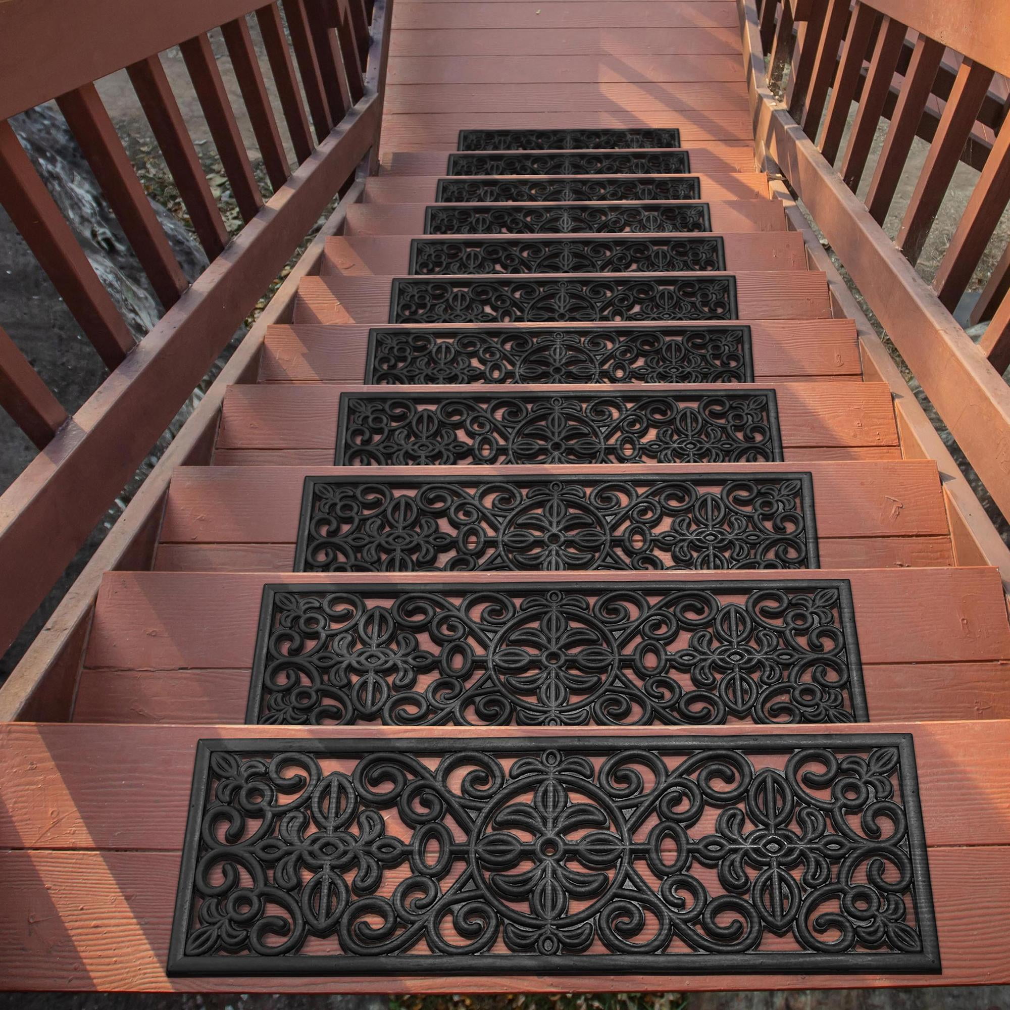 Black Floral Rubber Non-Slip Indoor/Outdoor Stair Treads, 10" x 30" (5 Pack)