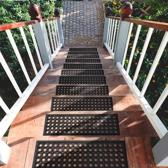 Ottomanson Outdoor Rubber Stair Treads 10" x 30" (5 Pack) – Non-Slip Stair Mats, Black Holes