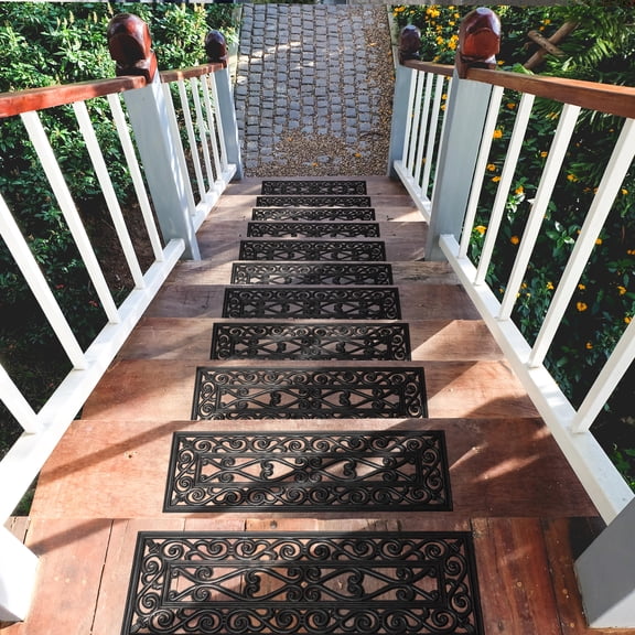 Ottomanson Outdoor Rubber Stair Treads 10" x 30" (5 Pack) – Non-Slip Stair Mats, Black Wrought