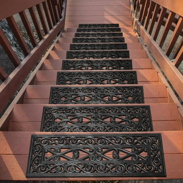 Ottomanson Easy Clean, Waterproof, Low Profile Non-Slip Indoor/Outdoor Rubber Stair Treads, 10" x 30" (5 Pack), Black Wrought