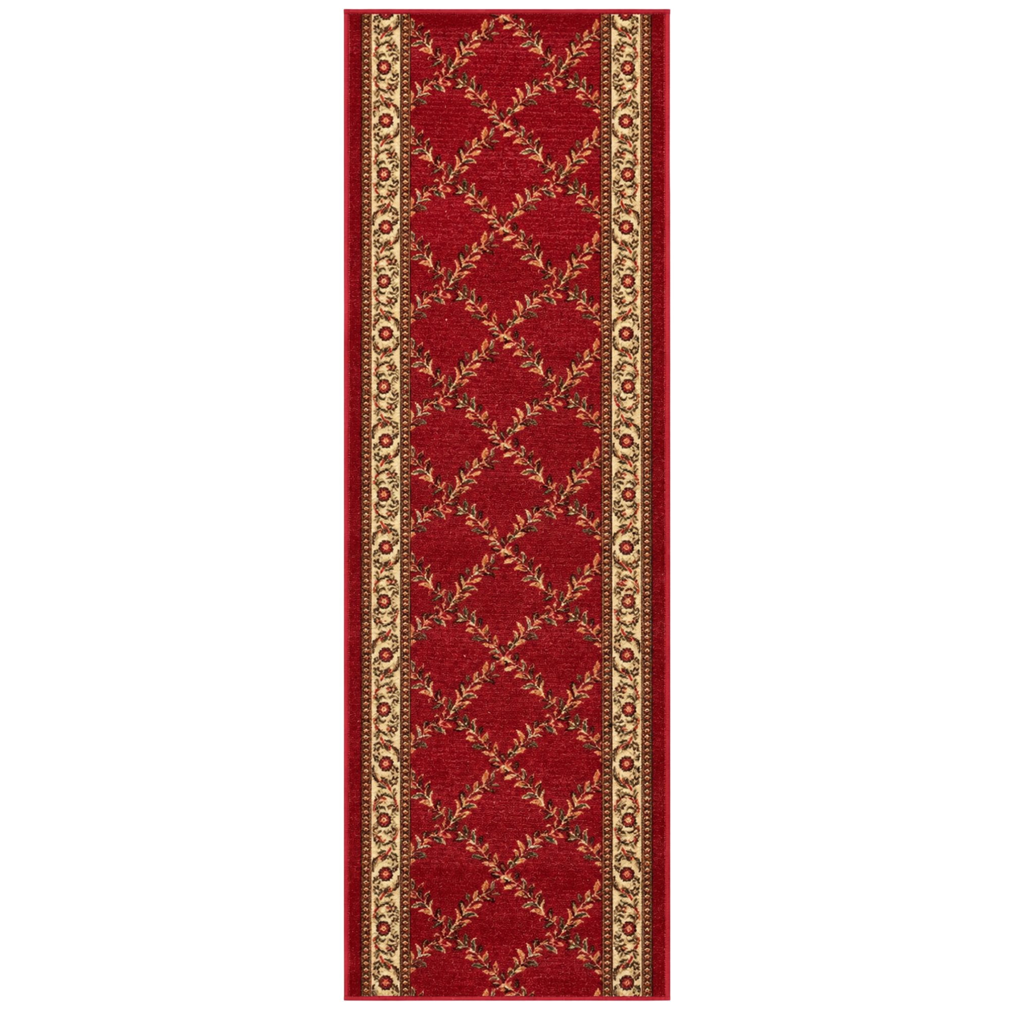 Ottomanson Extra Long Runner Rug 1'10.5" x 13' – Non-Slip Low Pile Hallway Carpet, Trellis Burgundy Red