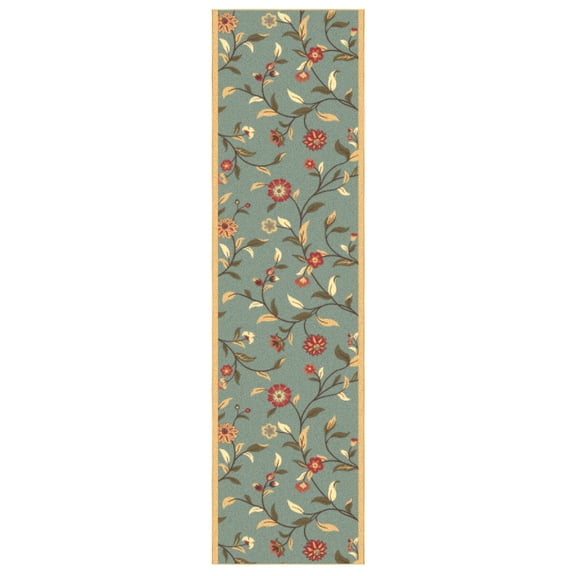Ottomanson Extra Long Runner Rug 1'10.5" x 19' – Non-Slip Low Pile Hallway Carpet, Floral Seafoam Green