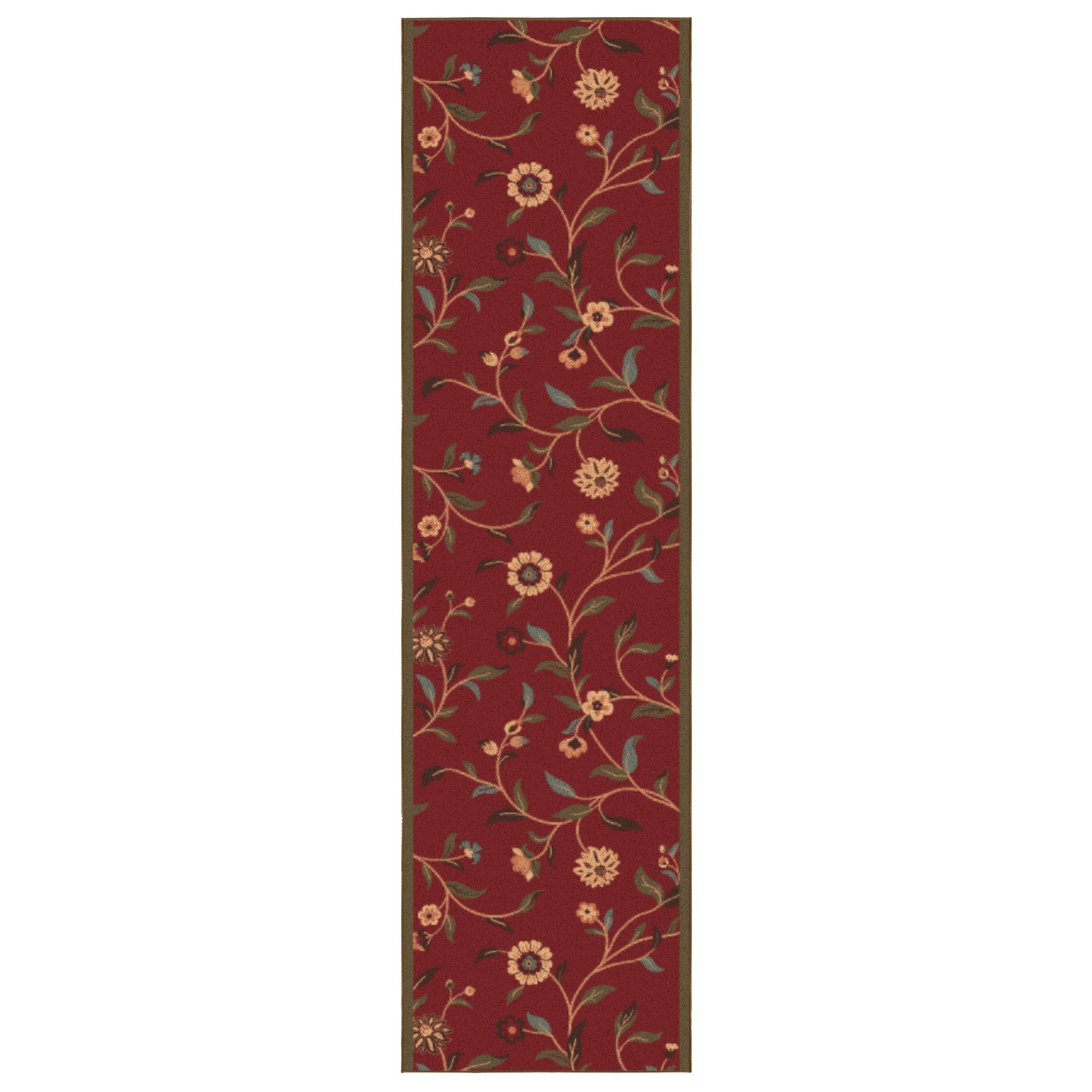 Ottomanson Extra Long Runner Rug 1'10.5" x 25' – Non-Slip Low Pile Hallway Carpet, Floral Red