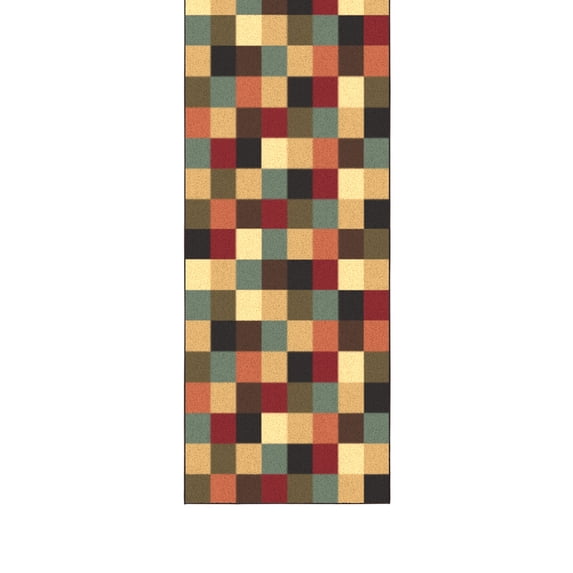 Ottomanson Extra Long Runner Rug 1'10.5" x 33' – Non-Slip Low Pile Hallway Carpet, Checkered Multicolor