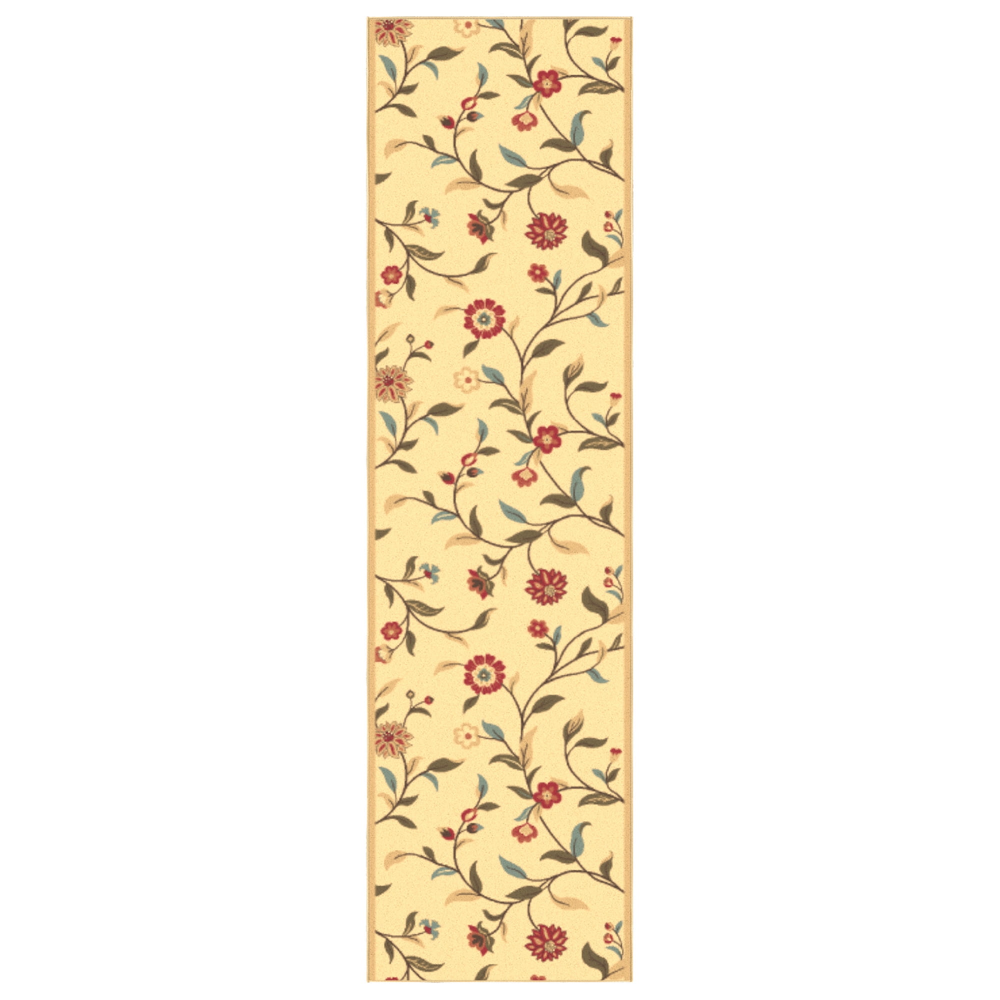 Ottomanson Hallway Runner Rug 1'10.5" x 11' – Non-Slip Low Pile Carpet for High Traffic Areas, Floral Beige