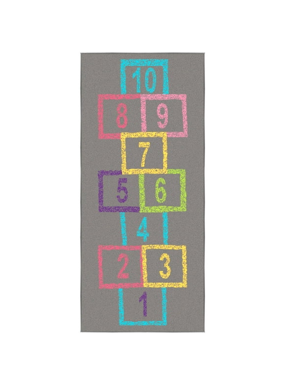 Ottomanson Hopscotch Machine Washable Non-Slip 3x6 Runner Rug for Kids Playroom, 2'7" x 6', Gray/Pink