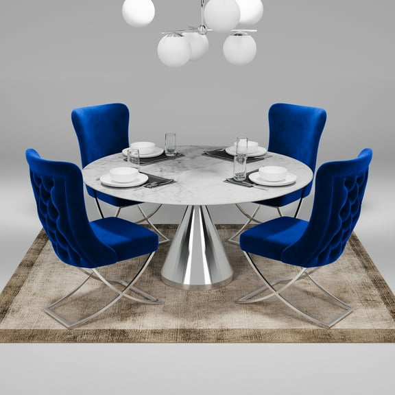 Ottomanson Imperial Upholstered Modern Silver Legged Dining Chair, Set of 2, Blue