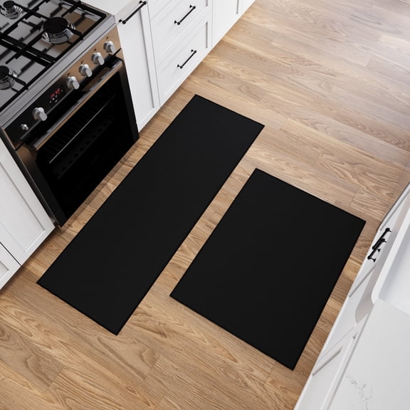 Ottomanson Kitchen Rug Set 2-Piece, Non-Slip Kitchen Runner & Doormat, 27" x 36" 26" x 72", Black