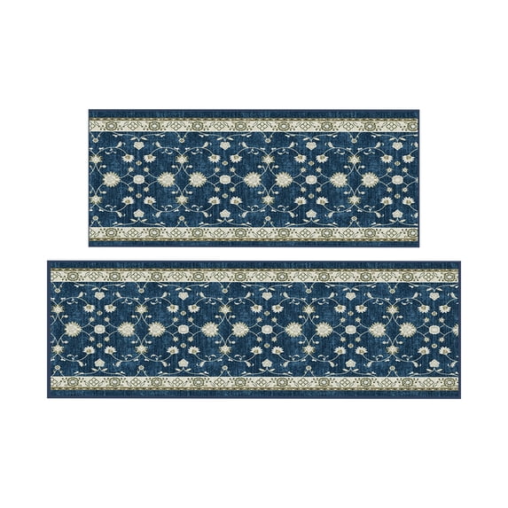 Ottomanson Kitchen Rug Set 2-Piece, Washable Non-Slip Mats for Kitchen, 22.5" x 36" + 22.5" x 72", Mahal Navy