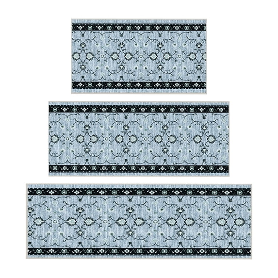 Ottomanson Kitchen Rug Set 3-Piece, Washable Non-Slip Mats for Kitchen, 24" x 31" + 31" x 48" + 31" x 60", Mahal Blue