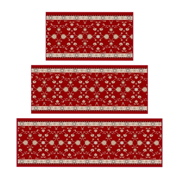 Ottomanson Kitchen Rug Set 3-Piece, Washable Non-Slip Mats for Kitchen, 24" x 31" + 31" x 48" + 31" x 60", Mahal Red