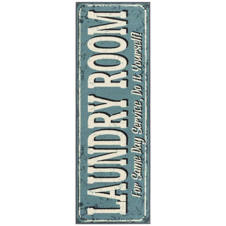 Ottomanson Laundry Non-Slip Rubberback Laundry Text 2x5 Laundry Room Runner Rug, 20 inch x 59 inch, Baby Blue