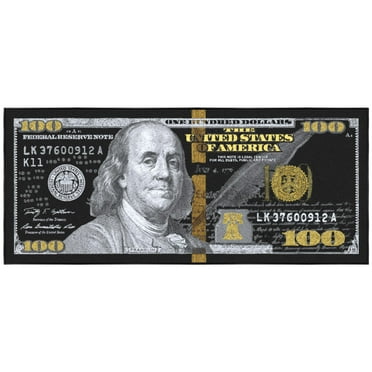 Ottomanson Machine Washable 100 Dollar Bill Non-Slip Rubberback 22x53 Money Rug, 22" x 53", Black/Gold