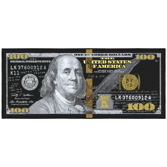 Ottomanson 100 Dollar Bill Non-Slip Rubberback 22x53 Money Rug, 22" x 53", Black/Gold
