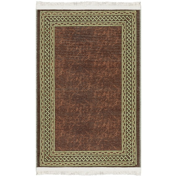 Ottomanson Machine Washable Cotton 2x3 Flatweave Area Rug for Entryway, 2' x 3', Brown/Gold Border
