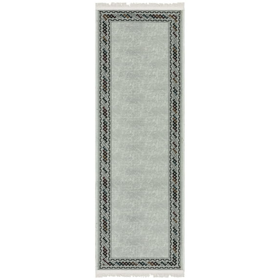 Ottomanson Machine Washable Cotton 2x5 Flatweave Runner Rug for Bedroom, 20" x 59", Light Gray/Multicolor Border