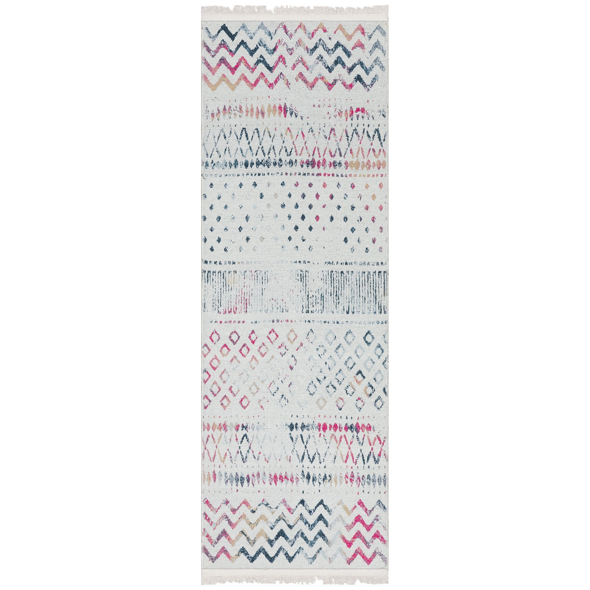 Ottomanson Machine Washable Cotton 2x5 Flatweave Runner Rug for Bedroom, 20" x 59", Off White/Multicolor Moroccan/Boho
