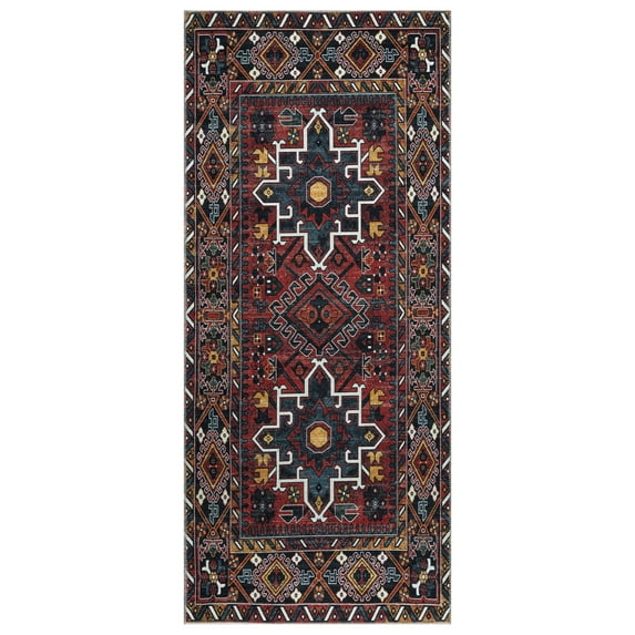 Ottomanson Machine Washable Cotton 3x6 Flatweave Runner Rug for Bedroom, 2'7" x 6', Red Medallion 6100