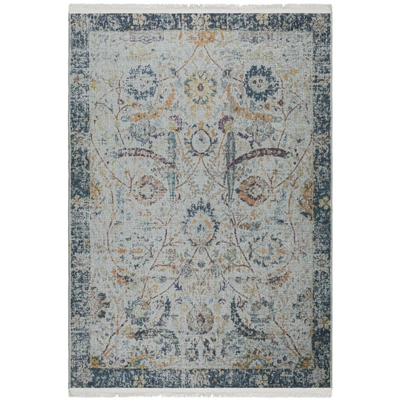 Ottomanson Machine Washable Cotton 4x6 Flatweave Area Rug for Living Room, 4' x 6', Gray/Blue Floral