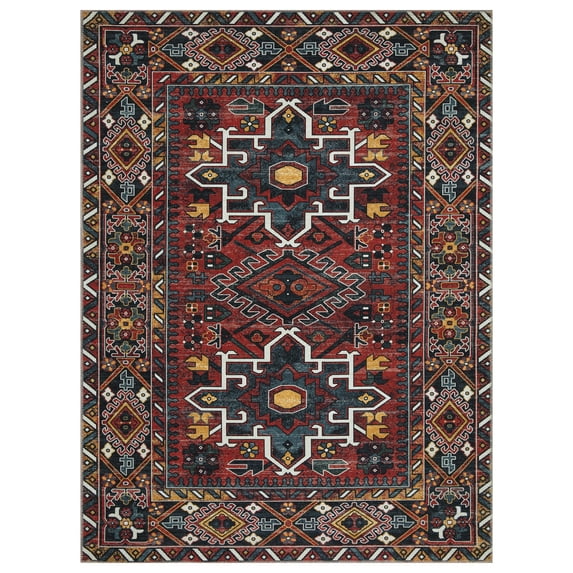 Ottomanson Machine Washable Cotton 5x7 Flatweave Area Rug for Living Room, 5' x 7', Red Medallion 6100