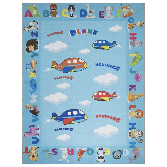 Ottomanson Machine Washable Flatweave Planes 4x6 Kids Play Mat Area Rug, 4' x 6', Blue