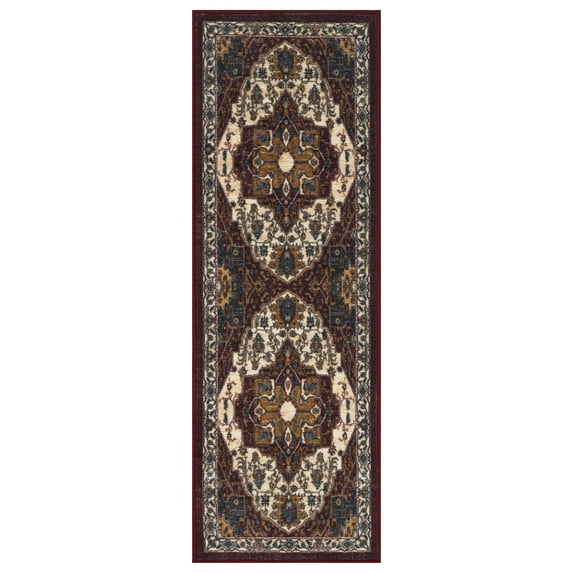Ottomanson Machine Washable Non-Slip Rubberback Border 2x5 Indoor Runner Rug, 20" x 59", Red/Beige