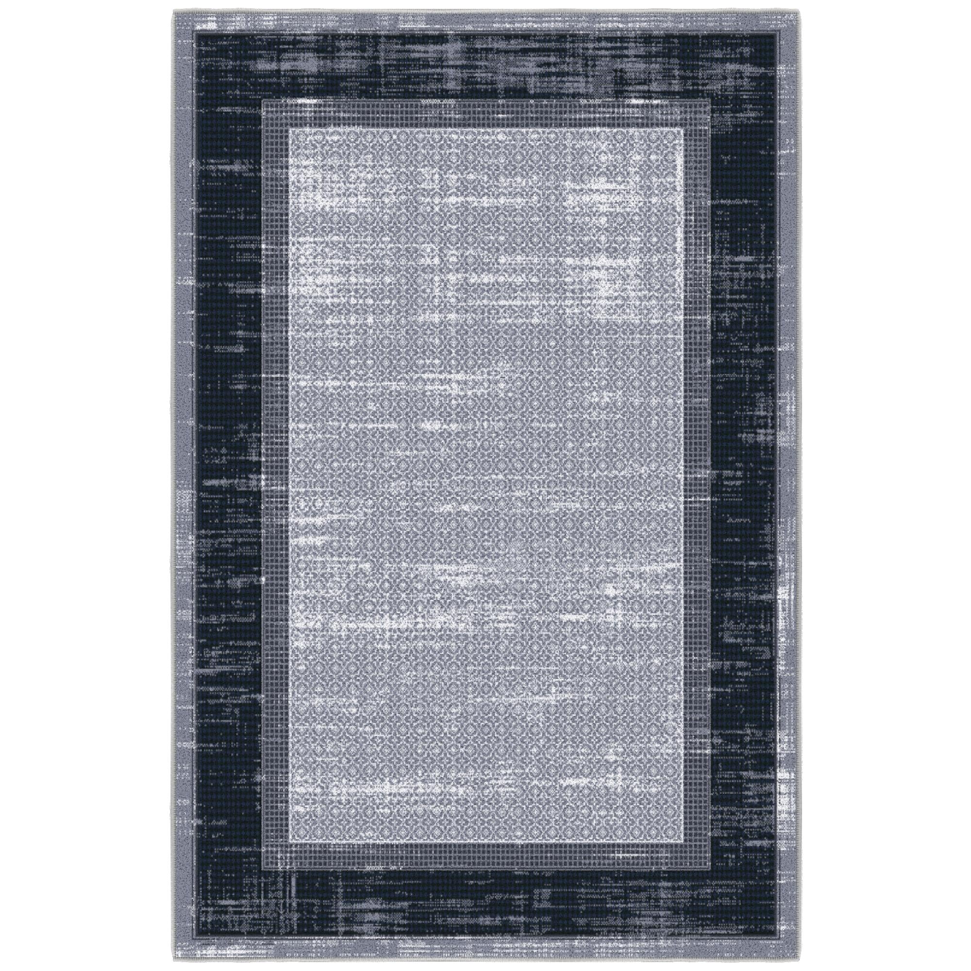 Gray and Black Rectangular Washable Non-Slip Area Rug