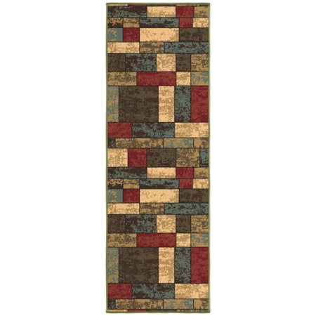 Ottomanson Boxes Bathroom Runner Rug 20" x 53" - Non Slip Low Pile Carpet, Multicolor