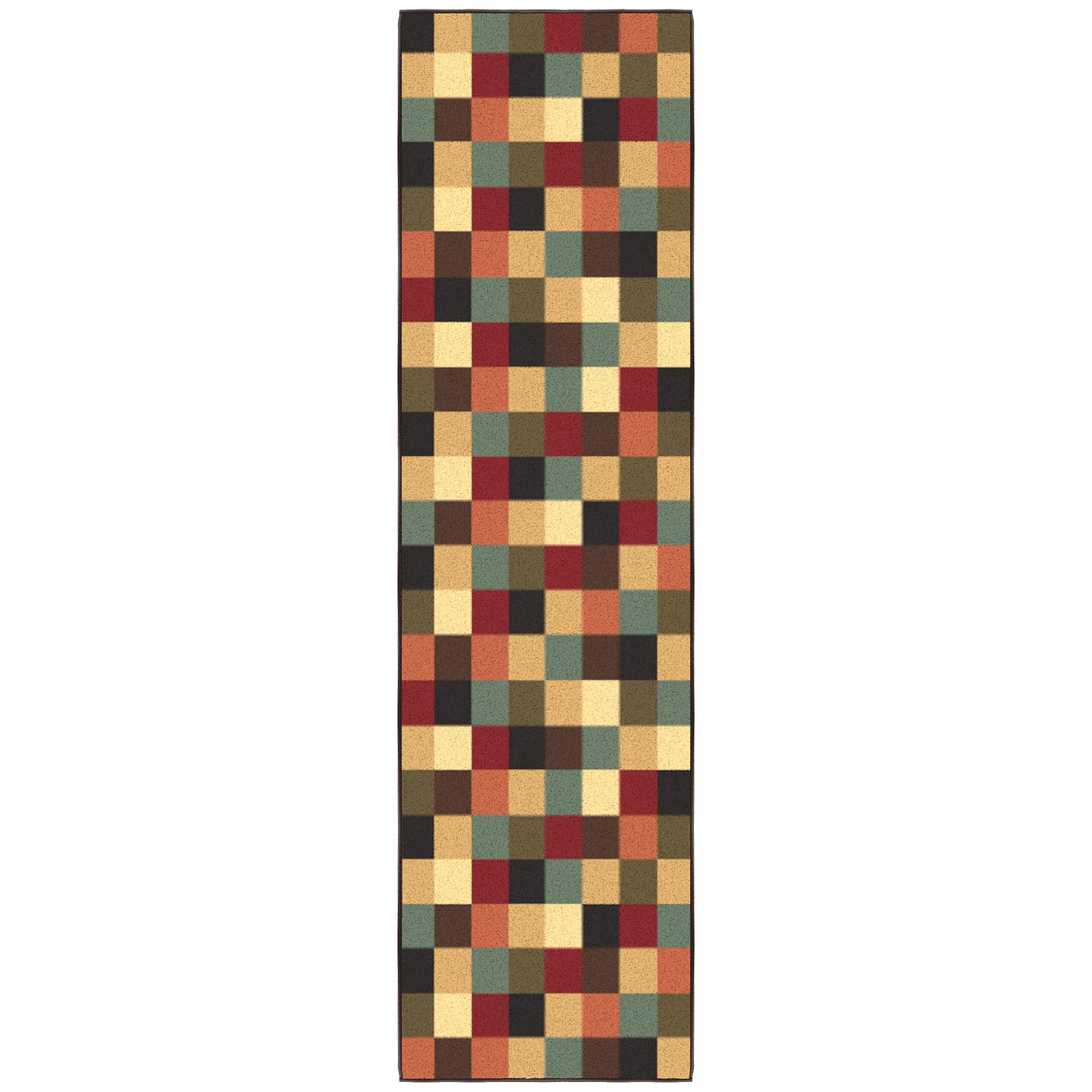 Contemporary Checkered Multicolor Low Pile Runner Rug, 84"L x 22"W