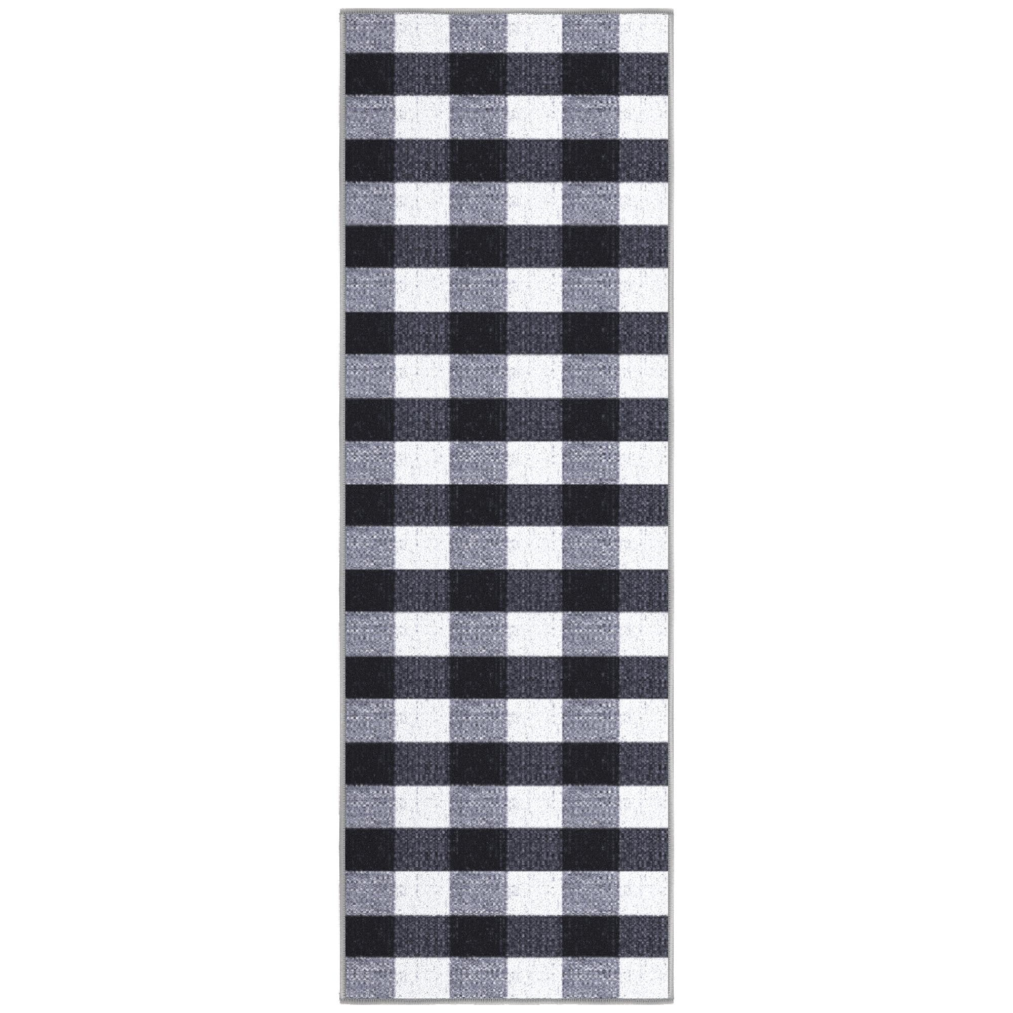 Black and White Checkered Synthetic Runner Rug, 20" x 59"