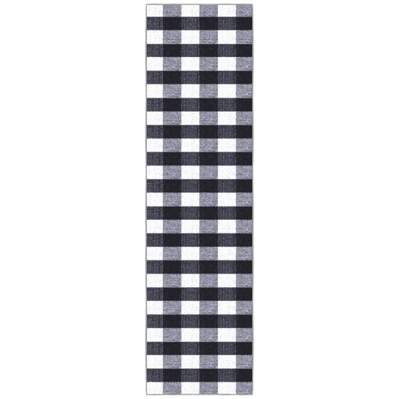 Ottomanson Non-Slip Rubberback Checkered Buffalo Plaid 2x7 Indoor Runner Rug, 1'10" x 7', Black