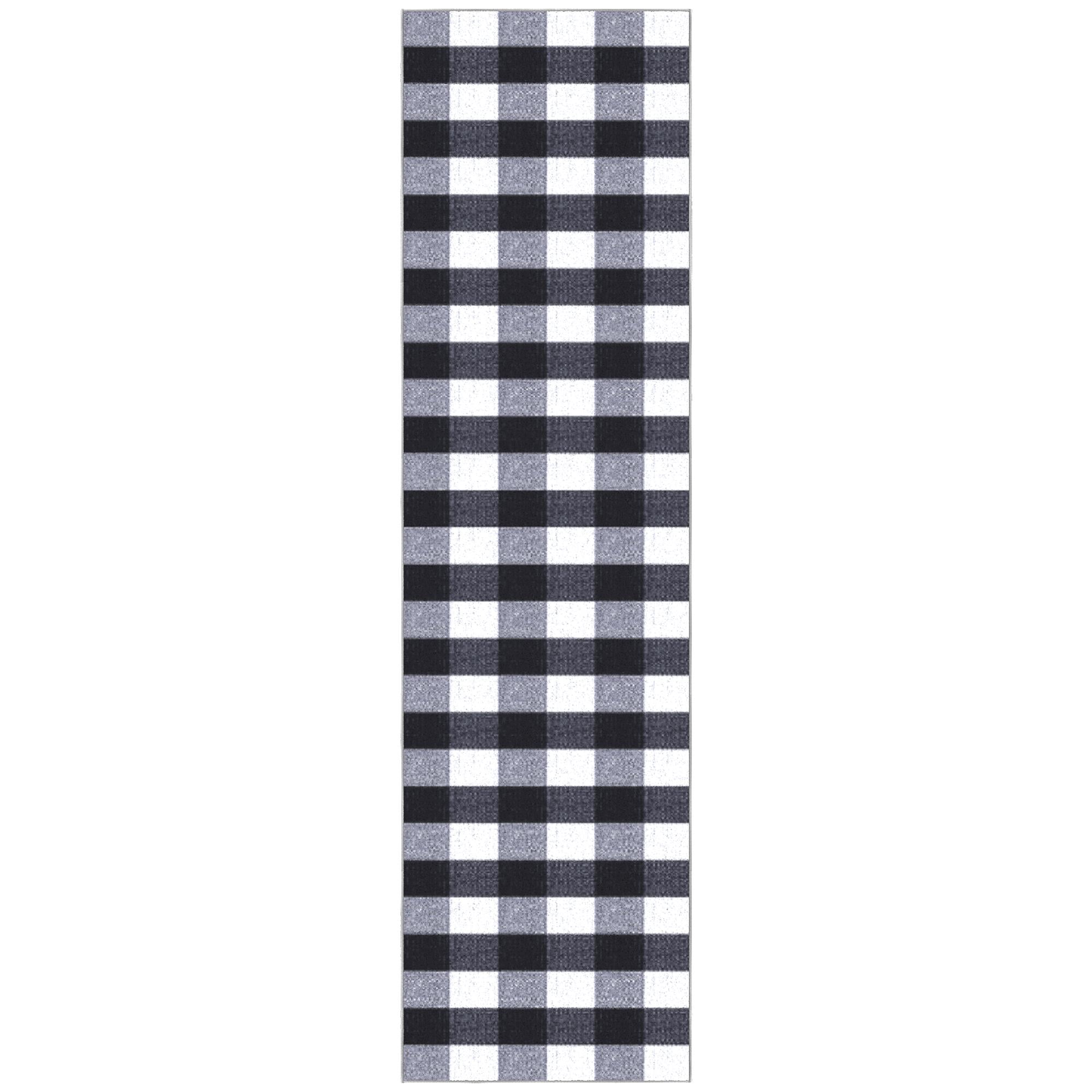 Black and White Checkered Synthetic Runner Rug 2'7" x 9'10"
