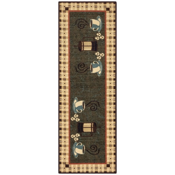 Ottomanson Machine Washable Non-Slip Rubberback Coffee Cups 2x5 Kitchen Runner Rug, 20" x 59", Olive Green