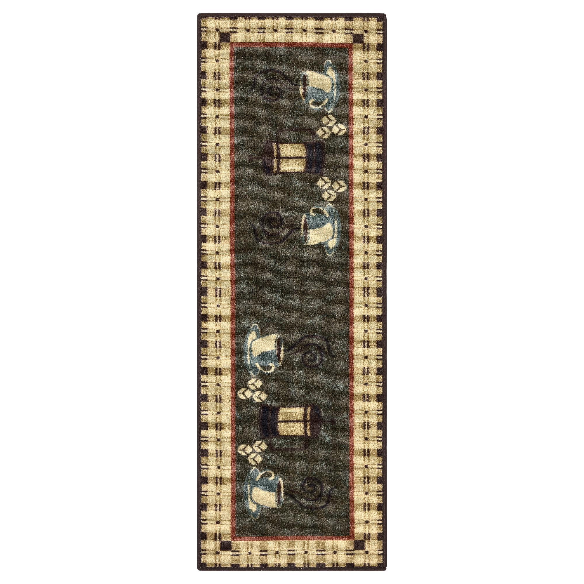 Ottomanson Machine Washable Non-Slip Rubberback Coffee Cups 2x5 Kitchen Runner Rug, 20" x 59", Olive Green