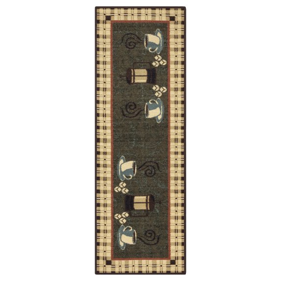 Ottomanson Machine Washable Non-Slip Rubberback Coffee Cups 2x5 Kitchen Runner Rug, 20" x 59", Olive Green