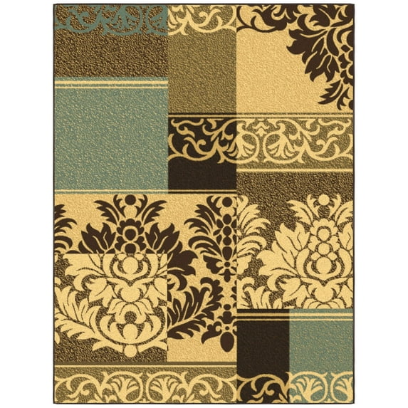 Ottomanson Non-Slip Area Rug for Living Room 5' x 6'6" Durable Low Profile Carpet, Brown/Green Damask