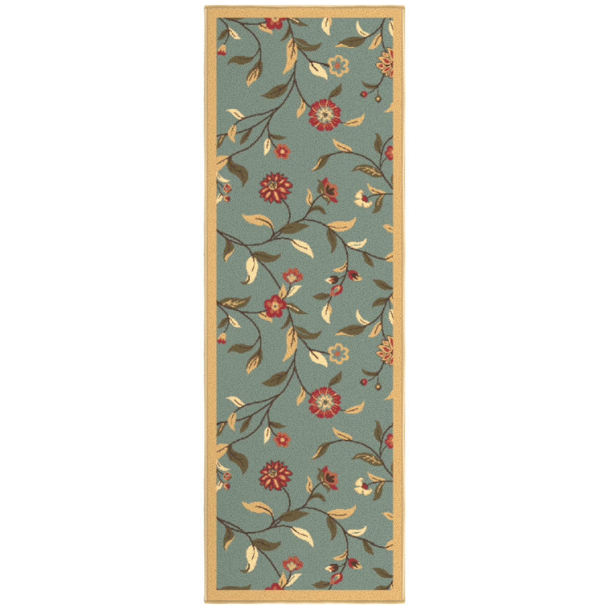 Seafoam Green Floral Non-Slip Runner Rug with Rubber Backing
