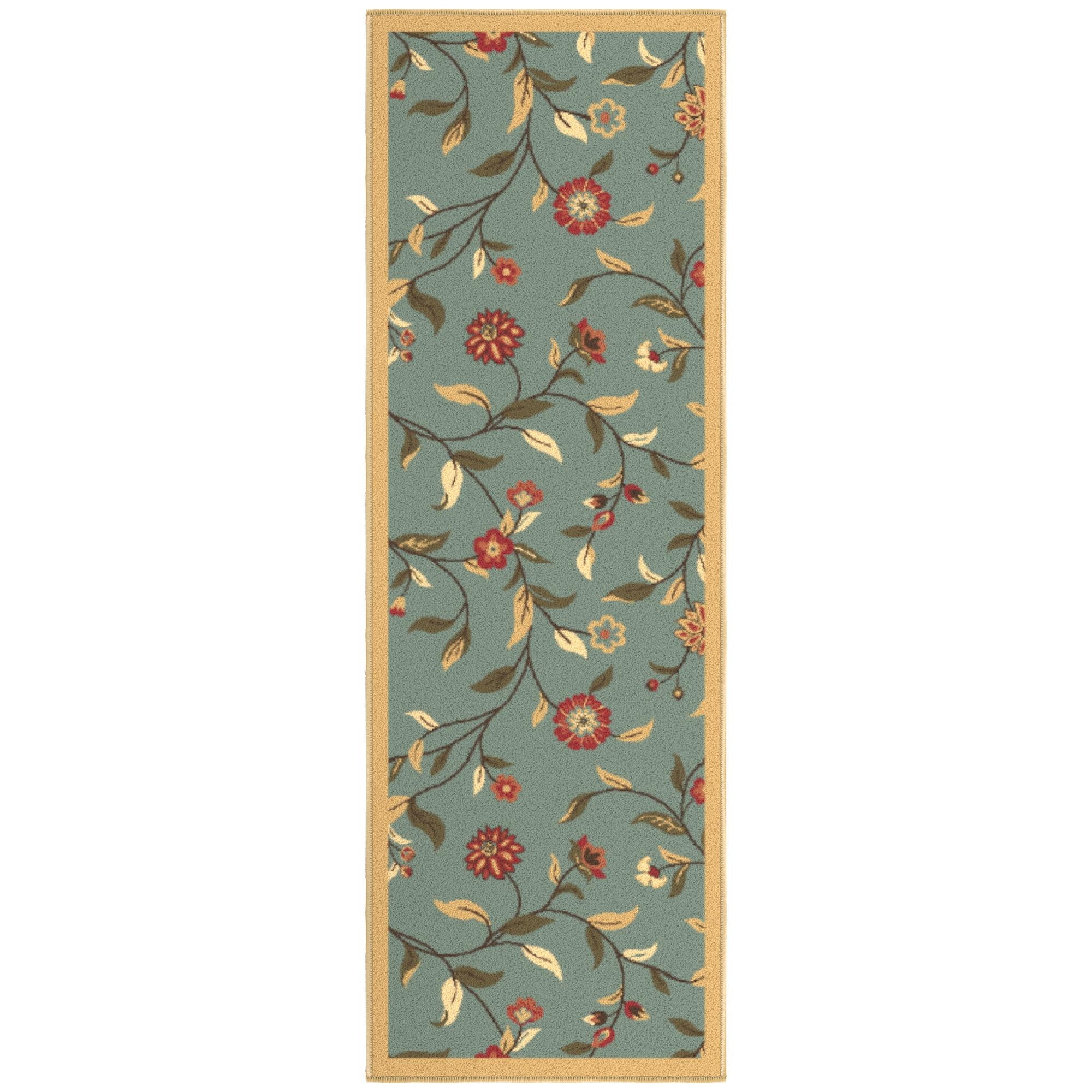 Seafoam Green Floral Non-Slip Runner Rug with Rubber Backing