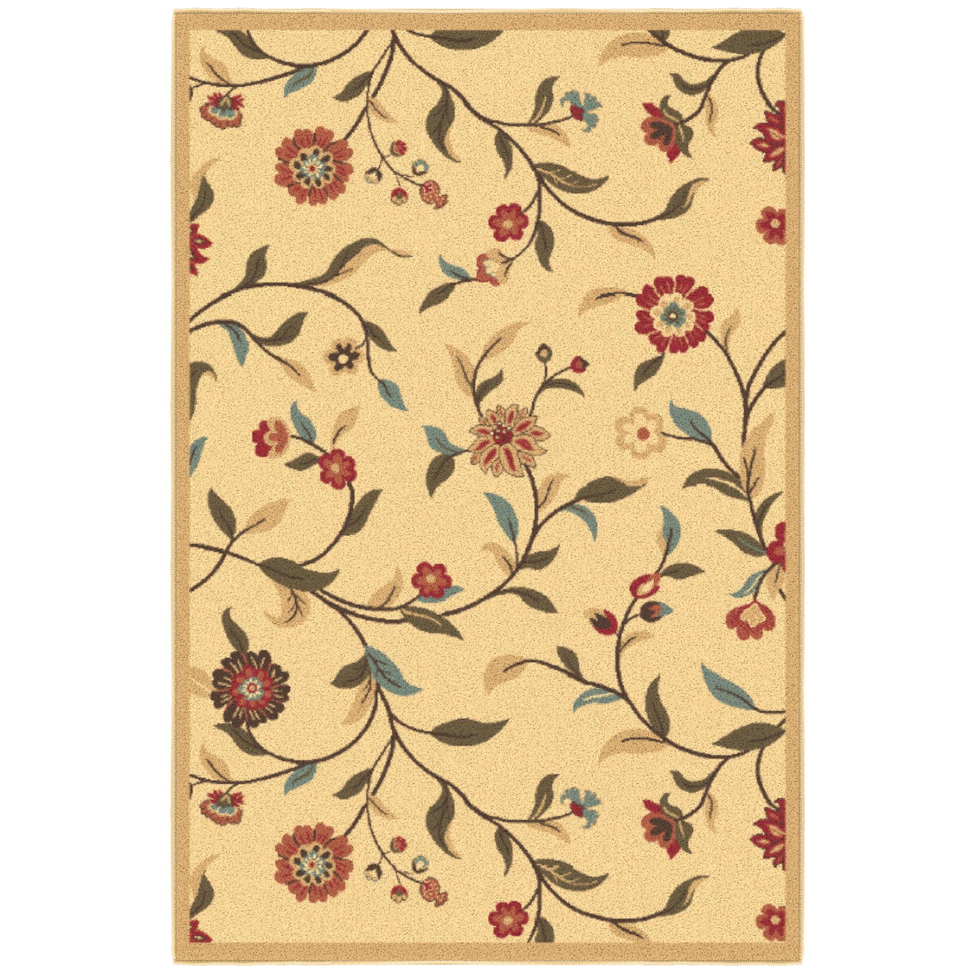 Beige Floral Leaves Design Washable Synthetic Area Rug