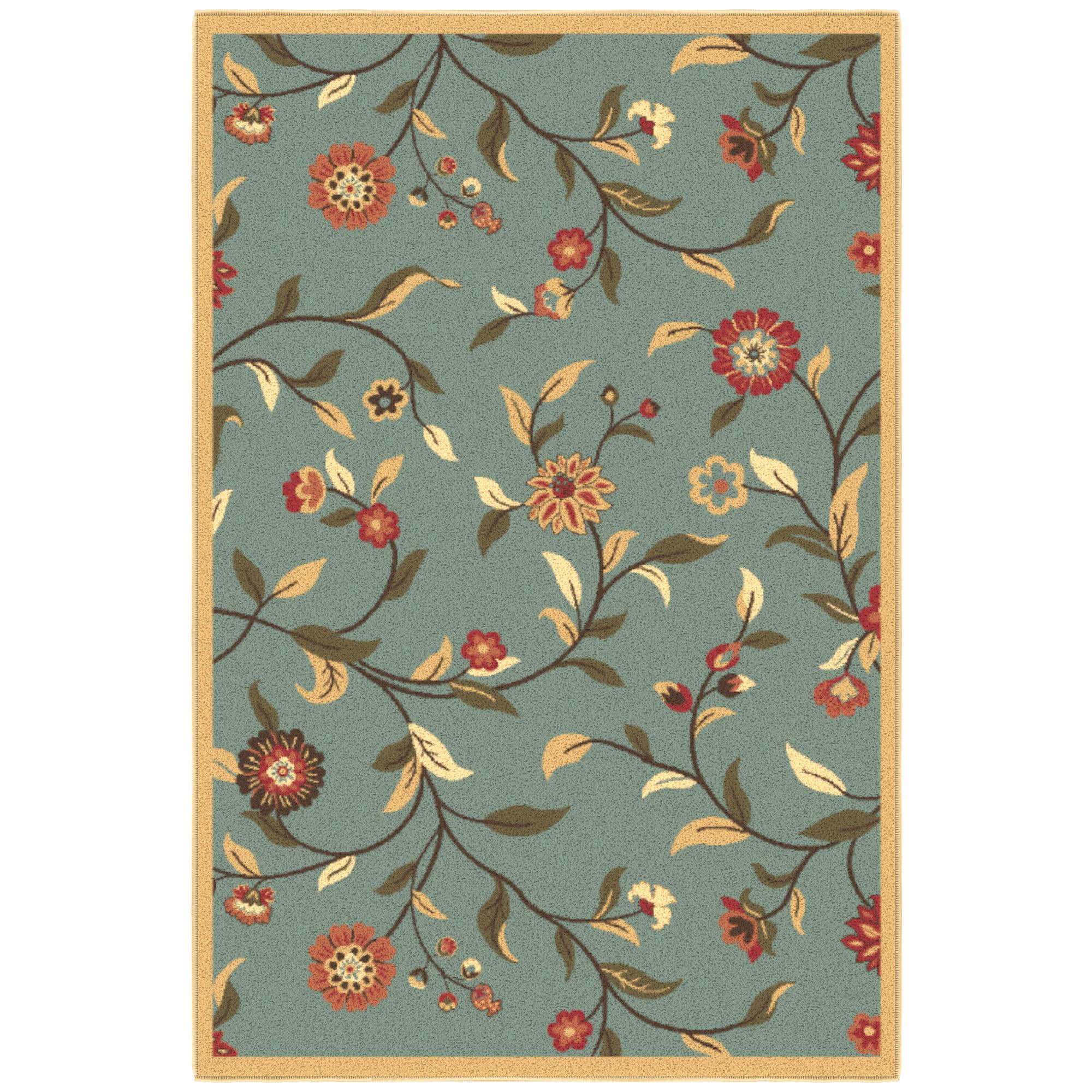 Seafoam Green Floral Non-Slip Washable Area Rug 3'3" x 5'