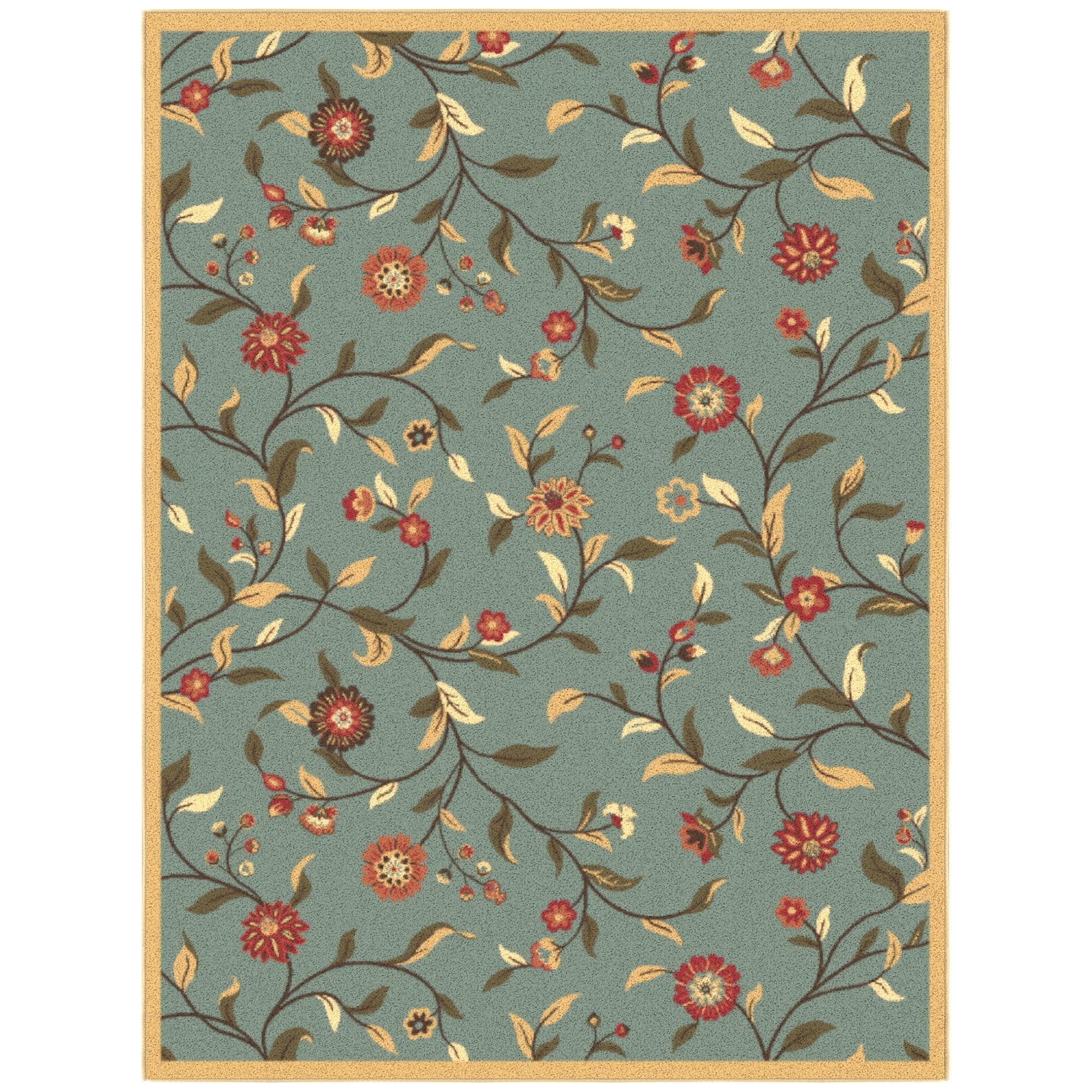 Ottomanson Floral Area Rug 5' x 6'6" - Non Slip Low Pile Carpet, Seafoam Green