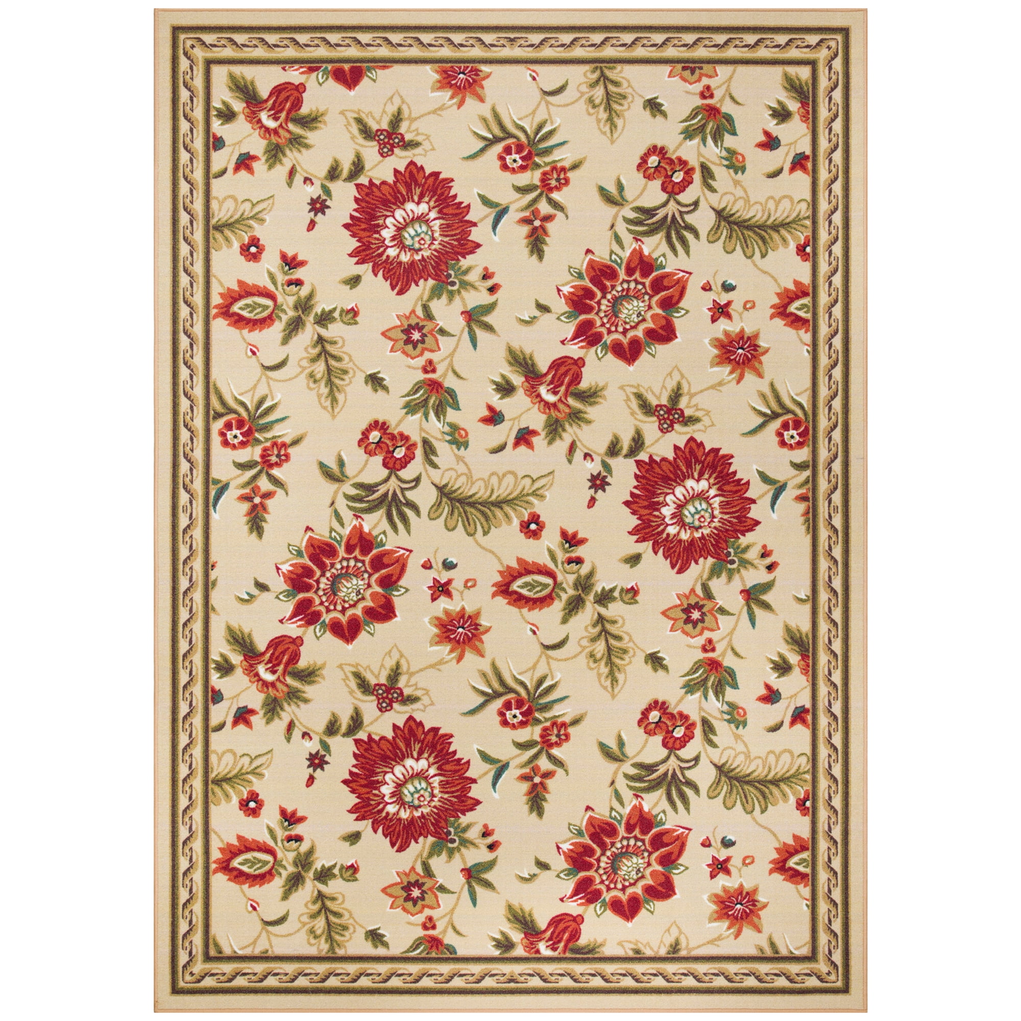 Ottomanson Non-Slip Area Rug for Living Room 6'6" x 9'2" Durable Low Profile Carpet, Beige Floral