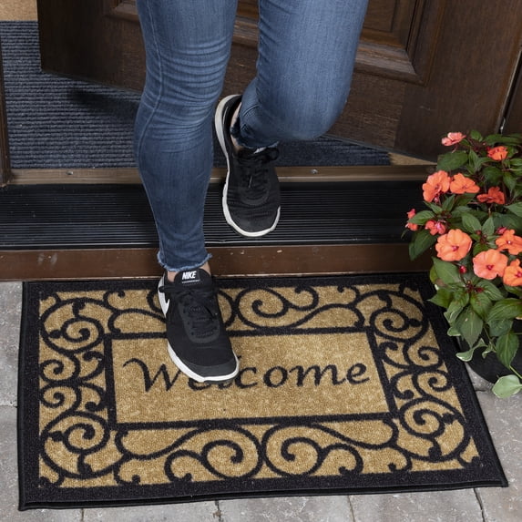 Ottomanson Non-Slip Rubberback Floral Border 2x3 Entryway Doormat, 20" x 30", Beige