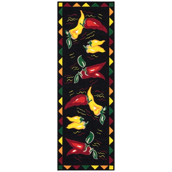 Ottomanson Machine Washable Non-Slip Rubberback Hot Peppers 2x5 Kitchen Runner Rug, 20" x 59", Black