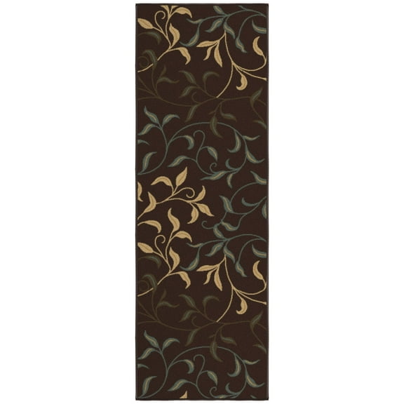Ottomanson Leaf Bathroom Runner Rug 20" x 59" - Non Slip Low Pile Carpet, Brown