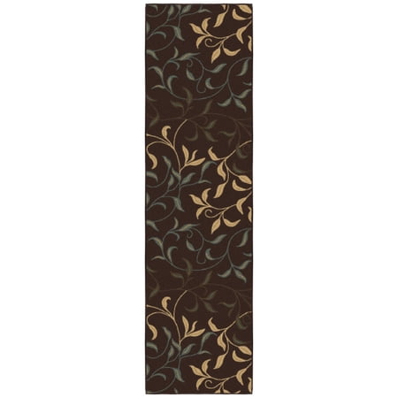 Ottomanson Leaf Kitchen Runner Rug 1'10" x 7' - Non Slip Low Pile Carpet, Brown