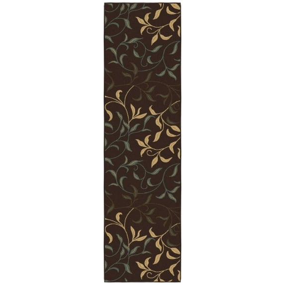 Ottomanson Leaf Kitchen Runner Rug 1'10" x 7' - Non Slip Low Pile Carpet, Brown
