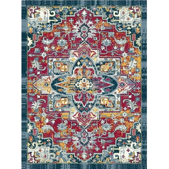 Ottomanson Non-Slip Small Area Rug for Entryway 2'3" x 3' Easy Clean & Durable Kitchen Mat, Red/Blue Oriental